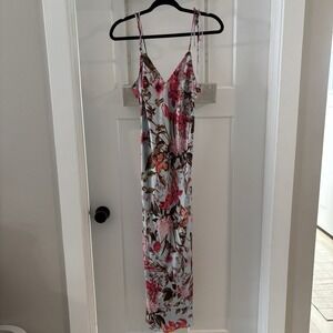 Victoria Secret Women's XS Slip Satin Blue Pink Floral Midi Dress EUC